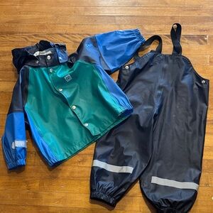 66 North Blue Green Rain Coat Jacket & Rain Bibs Pants Rain Suit Play Condition